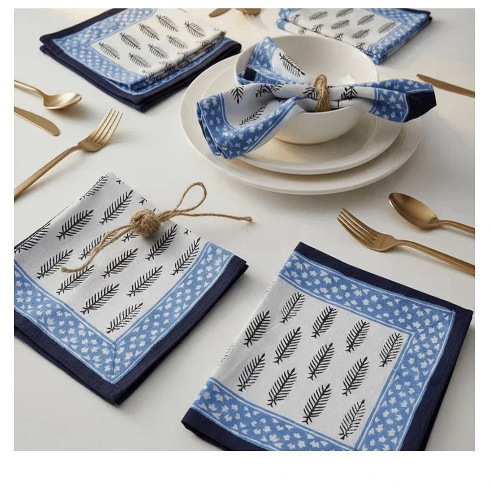 Indian Decor Hand Block Cloth Napkins Set Of 6 -Elega Cotton Blue 20x20 